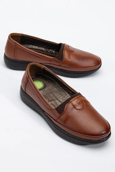 Büyük Numara Hakiki Deri Kadın Günlük Ortopedik Ayakkabı Taba Düz Model ürün görseli 1