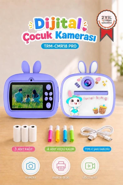 Dijital Fotoğraf Makinesi Çocuk Termal Resim Kağıt Baskılı Yazıcı Kamera Video Makinesi CMR18 Mor ürün görseli 1