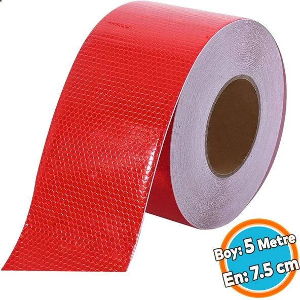 Fosforlu Reflektörlü Bant Kırmızı Reflektif  Şerit Bant 7.5 cm 5 Metre İkaz Bandı ürün görseli 1