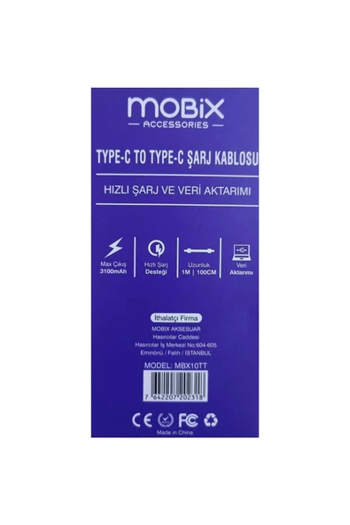 MOBİX Mobix Usb-c To Type-c ^3a Data Ve Şarj Kablosu- Beyaz - Resim 2