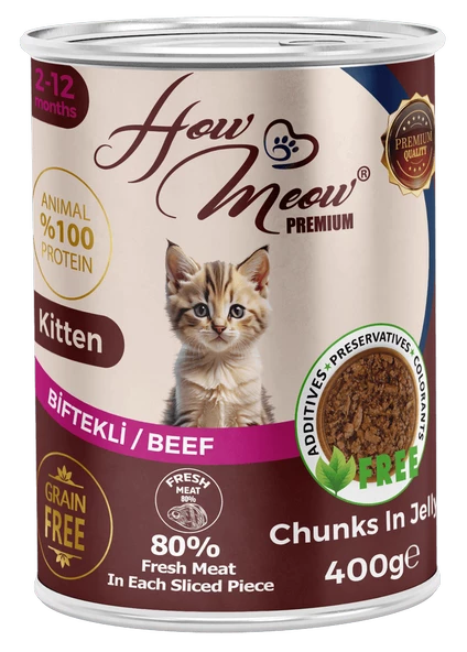 HOW MEOW 12 ADET JÖLELİ PARÇA ETLİ YAVRU KEDİ YAŞ MAMASI BİFTEKLİ 400 GRAM ürün görseli 1
