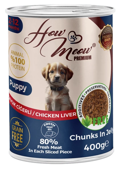 HOW MEOW 12 ADET JÖLELİ PARÇA ETLİ YAVRU KÖPEK YAŞ MAMASI TAVUK CİĞERLİ 400 GRAM ürün görseli 1