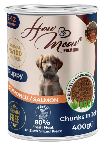 HOW MEOW 12 ADET JÖLELİ PARÇA ETLİ YAVRU KÖPEK YAŞ MAMASI SOMONLU 400 GRAM ürün görseli 1