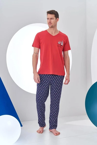 Pjs 24307 Erkek Bordo V Yaka Yelken Baskılı Kısa Kol Pijama Takımı ürün görseli 1