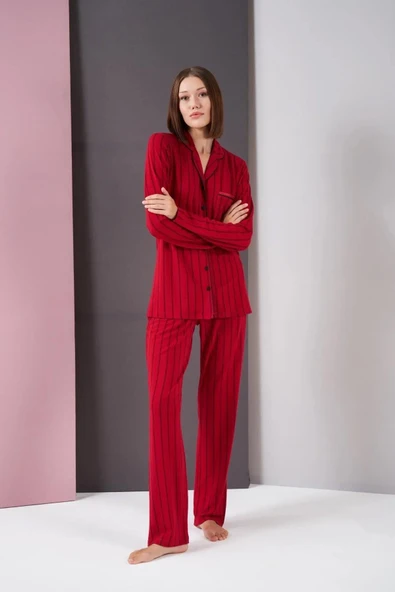 Pjs 26003 Kadın Boydan Patlı Düğmeli Balık Sırtı Çizgili Uzun Kol Pijama Takımı ürün görseli 1