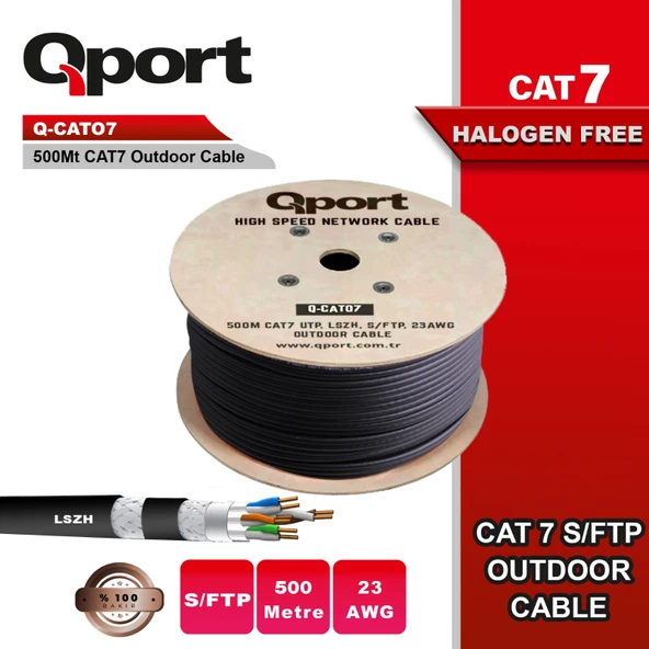 Qport Q-Cato7 S/ftp 500 Metre Cat7 Lsoh 23AWG Bakır Kablo Siyah ürün görseli 1