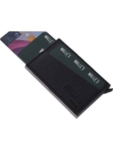 Trend Unisex Siyah Deri Rfid,engelleyici Otomatik Alüminyum Mekanizmalı Kartvizitlik ürün görseli 1