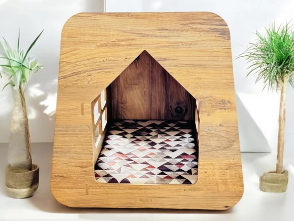 ED PET DİZAYN Caramel 30x50 Kedi Köpek Evi , Atlantik Çam Renk ,Yıkanabilir Kumaş Minderi Ile Beraber ürün görseli 1