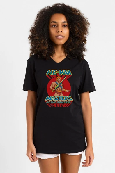 He Man Masters Of The Universe Siyah Kadın V yaka Tshirt ürün görseli 1