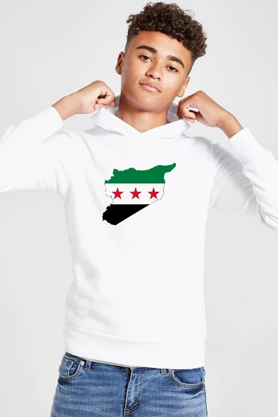 Suriye Yeni Bayrak Beyaz Çocuk 3ip Kapşonlu  Sweatshirt ürün görseli 1