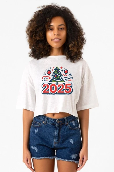 Happy New Year 2025 Essential Beyaz Kırçıllı Kadın Crop Tshirt ürün görseli 1