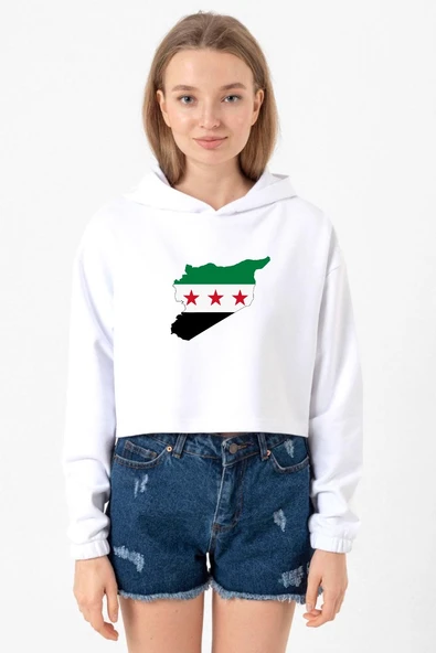 Suriye Yeni Bayrak Beyaz Optik Kadın Crop Kapşonlu ürün görseli 1