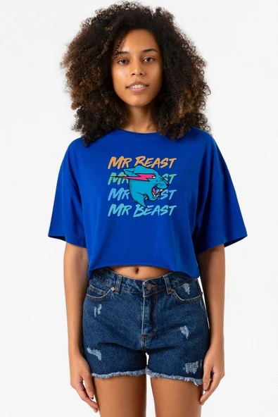 Mr Beast Lettern Mavi Kadın Crop Tshirt ürün görseli 1