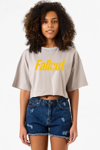 Fallout Lettern Taş Rengi Kadın Crop Kapşonlu ürün görseli 1