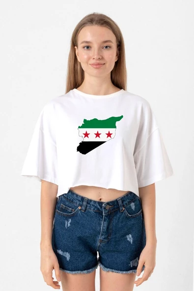 Suriye Yeni Bayrak Beyaz Kadın Crop Tshirt ürün görseli 1
