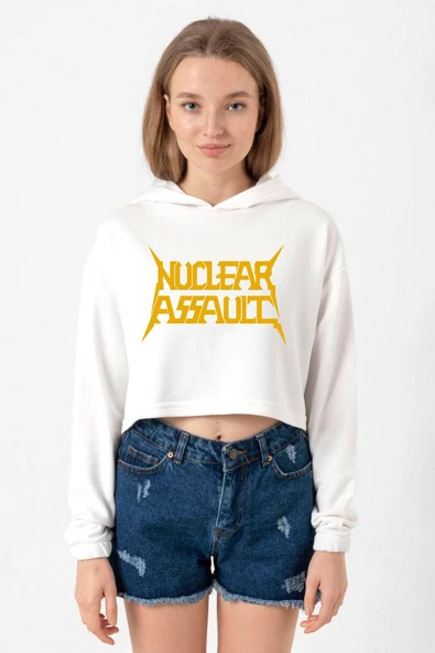 Nuclear Assault Lettern Ekru Kadın Crop Kapşonlu ürün görseli 1