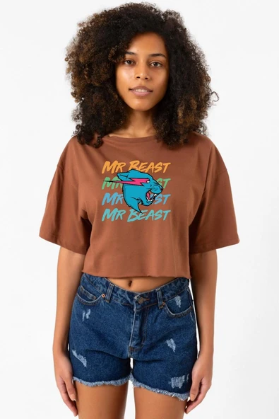 Mr Beast Lettern Kahverengi Kadın Crop Tshirt ürün görseli 1
