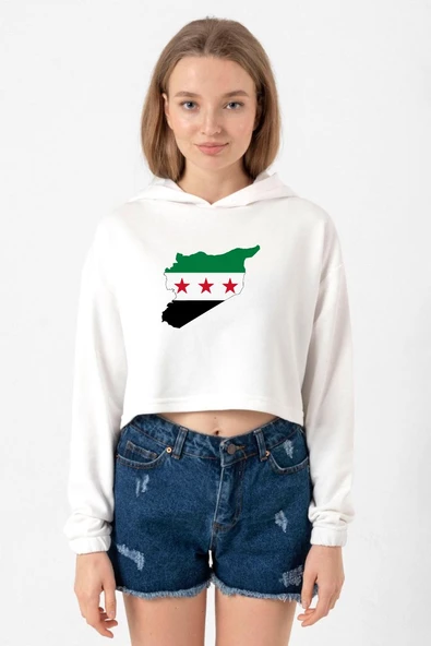 Suriye Yeni Bayrak Ekru Kadın Crop Kapşonlu ürün görseli 1