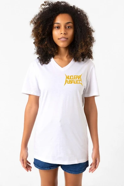 Nuclear Assault Lettern Logo Beyaz Kadın V yaka Tshirt ürün görseli 1