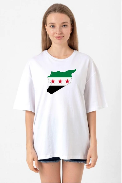 Suriye Yeni Bayrak Beyaz Kadın Oversize Tshirt ürün görseli 1