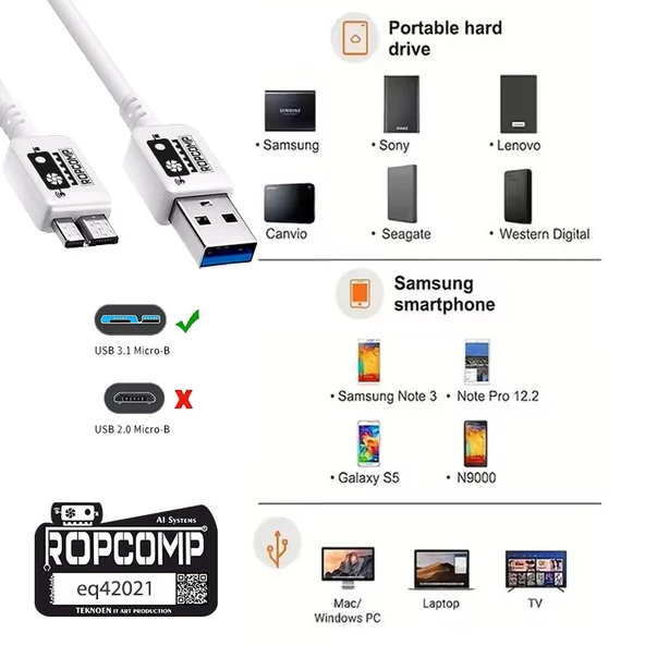 Ropcomp USB Micro-B Data Kablosu USB 2.0 - Resim 4