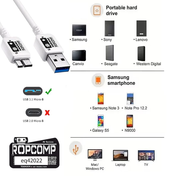 Ropcomp USB Micro-B Superspeed Data Kablosu USB 3.0 - Resim 3