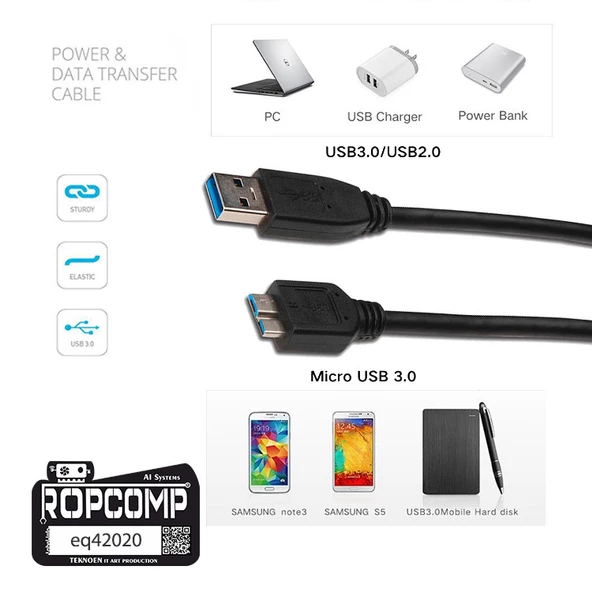 Ropcomp USB Micro-B Superspeed Data Kablosu USB 3.0 - Resim 5