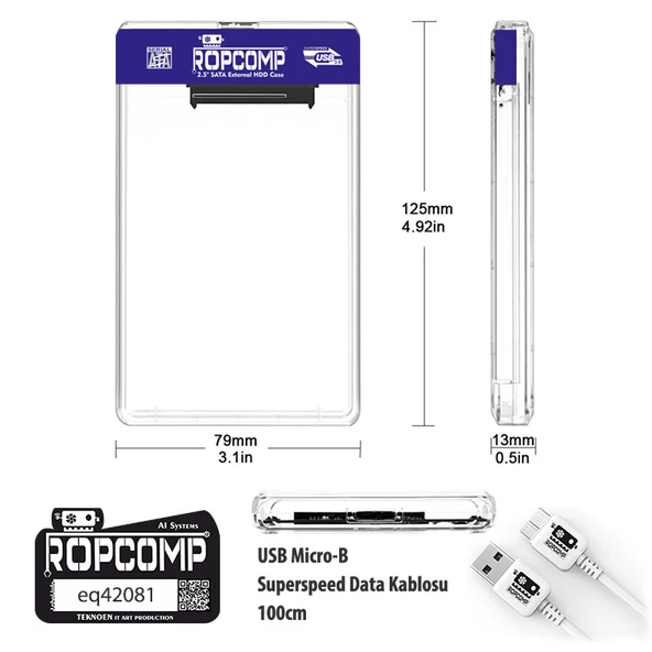 Ropcomp 2.5" USB 3.0 Sata Harici Harddisk Kutusu Şeffaf - Resim 4