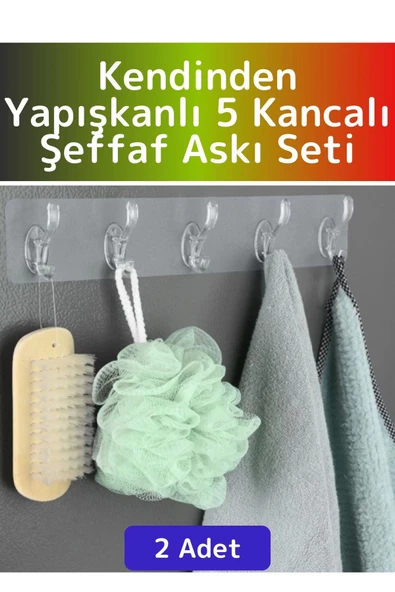 Özel Çok Fonksiyonlu Mutfak Banyo Askısı İz Bırakmaz Kendinden Yapışkanlı 5 Kancalı Askı Seti 2 Adet ürün görseli 1
