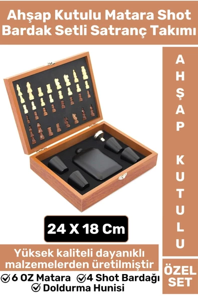 Premium Yüksek Kaliteli Alkol 6 OZ Matara Shot Bardak Huni Setli Ahşap Kutulu Satranç Takımı Seti ürün görseli 1