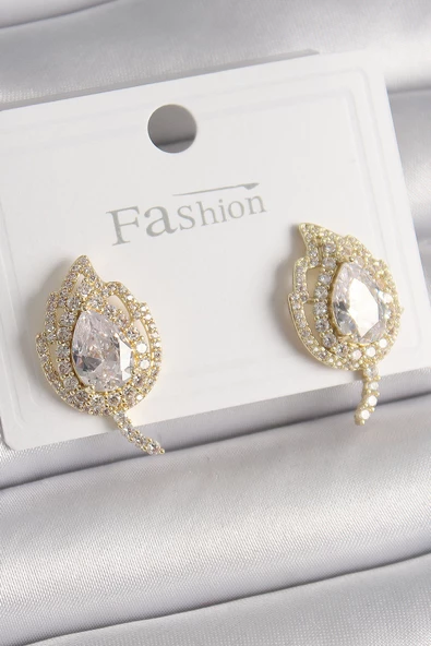 Pirinç Gold Renk Zirkon Taşlı Yaprak Model Kadın Küpe - EBJ241228W30246 ürün görseli 1
