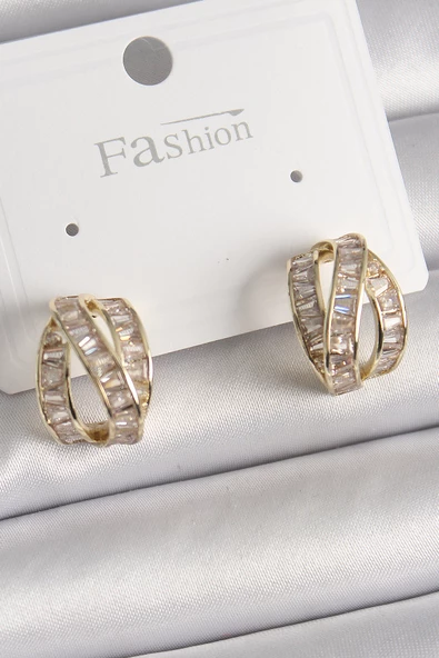 Pirinç Gold Renk Zirkon Taşlı Düğüm Halka Model Kadın Küpe - EBJ241228W30244 ürün görseli 1