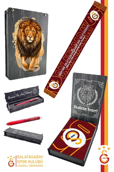 Galatasaray Orijinal Lisanslı Akrilik Atkı ve Premium Uçlu Kalem Set Aslan Baskılı Ahşap Kutulu ürün görseli 1