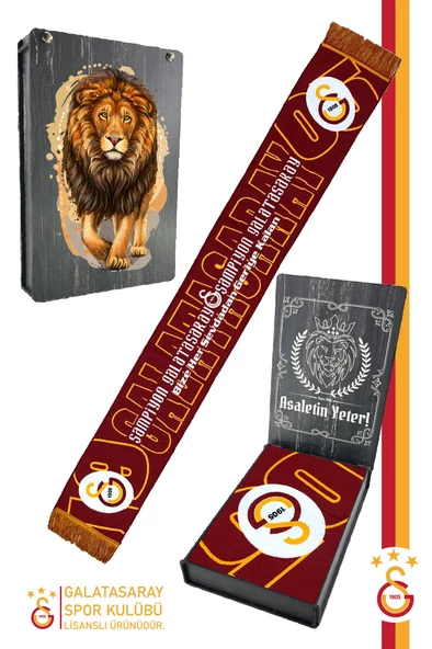 Galatasaray Orijinal Lisanslı Akrilik Şampiyon Galatasaray Atkı Aslan Baskılı Ahşap Kutulu ürün görseli 1