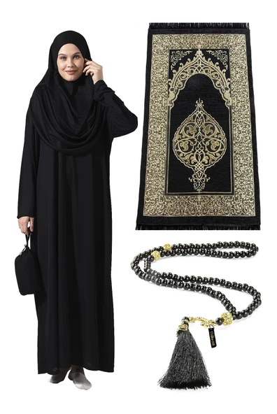 Tek Parça Namaz Elbisesi - Seccade - Tesbih - İbadet Seti - Siyah ürün görseli 1