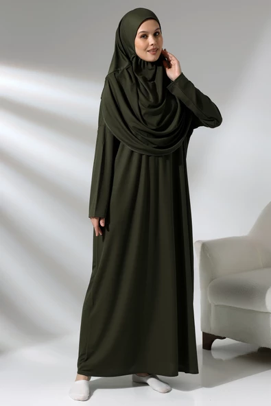Tek Parça Namaz Elbisesi - Seccade - Tesbih - İbadet Seti - Haki - Resim 2