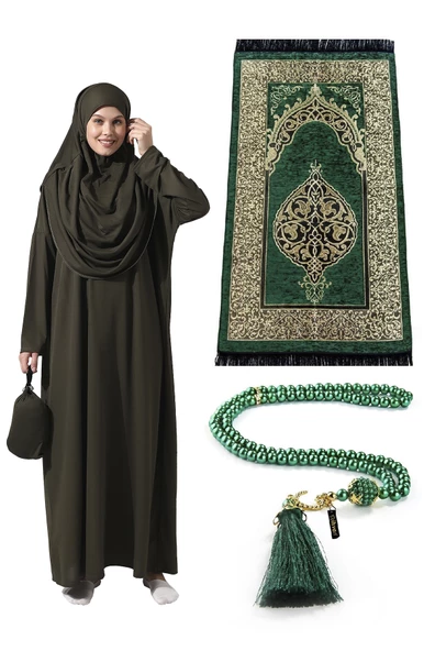 Tek Parça Namaz Elbisesi - Seccade - Tesbih - İbadet Seti - Haki ürün görseli 1