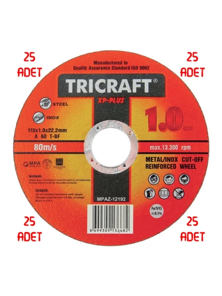 25 ADET 115LİK KIL KESİCİ/INOX METAL KESİCİ TAŞ(115X1.0X22.2MM) ürün görseli 1
