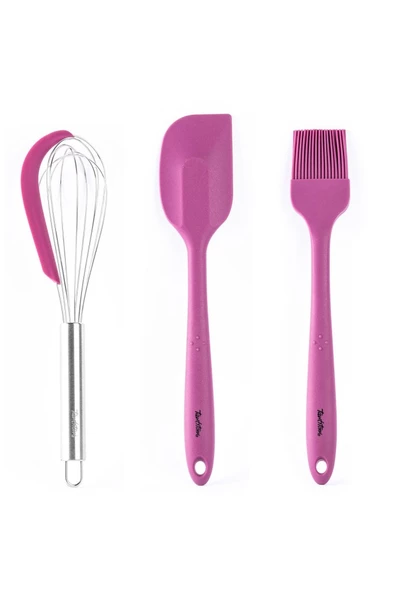 Tantitoni VİŞNE RENKLİ 3LÜ SİLİKON SPATULA,FIRÇA VE ÇIRPICI SETİ ürün görseli 1