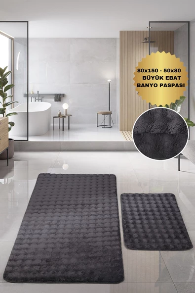 Bubble Antrasit Büyük Ebat 2'li Banyo Paspas Seti Kaymaz Tabanlı Yıkanablir Klozet Takımı ürün görseli 1