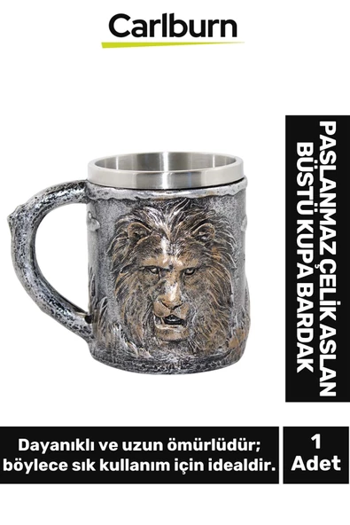 Özel Seri Dekoratif Şık Hediyelik Sevgili Arkadaş Paslanmaz Çelik Aslan Büstü Kupa Bardak 11*14 Cm ürün görseli 1