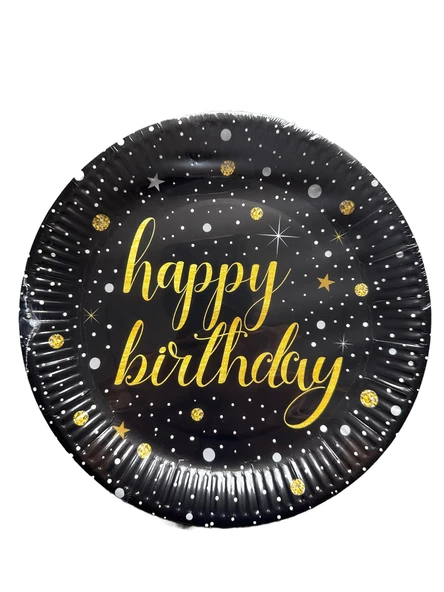 Roll-Up Doğum Günü Işıltılı Siyah Happy Bithday Yazılı Karton Tabak - 22 Cm. - 8 Adetlik 1 Paket ürün görseli 1