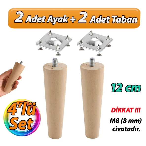2 Adet Ahşap Ayak 12 Cm M8 Civatalı Bağlantı Aparatlı Dolap Mobilya Koltuk Kanepe Destek Ayağı Ayakları ürün görseli 1