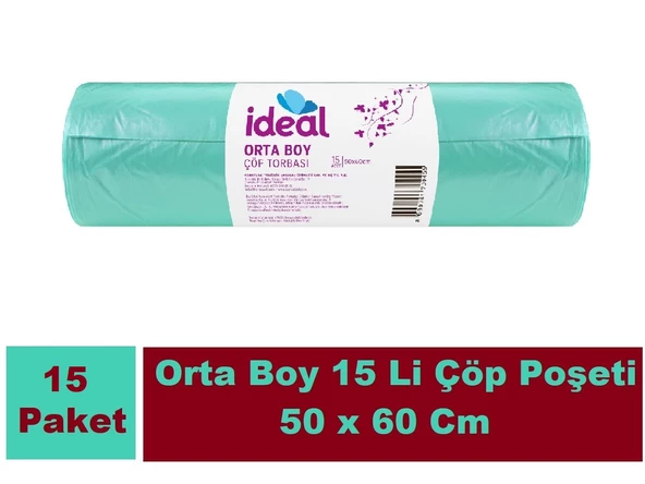 İdeal Cop Torbası Orta Boy Yeşil 15 Li 50x60 Cm x 15 Paket ürün görseli 1