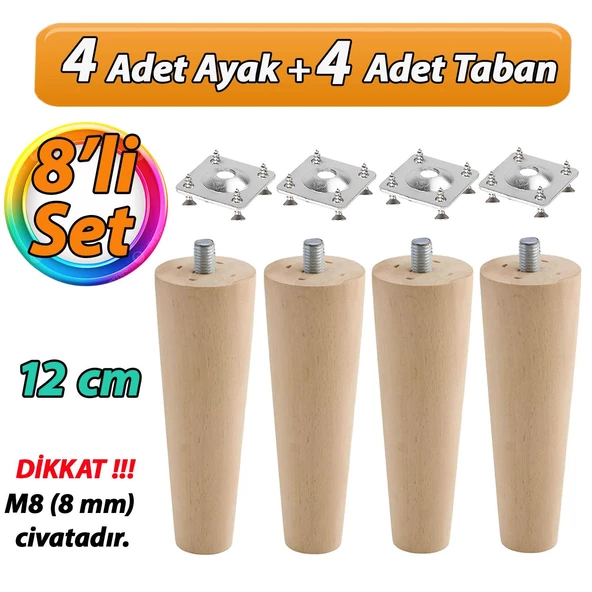 4 Adet Ahşap Ayak 12 Cm M8 Civatalı Bağlantı Aparatlı Dolap Mobilya Koltuk Kanepe Destek Ayağı Ayakları ürün görseli 1