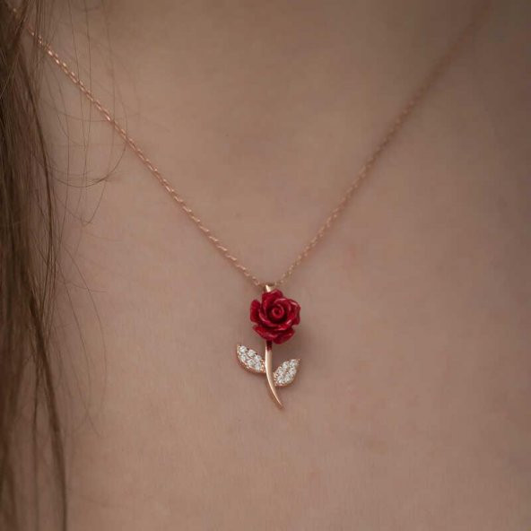 Kırmızı Gül Tasarımlı Gümüş Kolye Rose - Resim 2