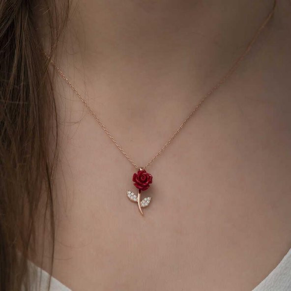 Kırmızı Gül Tasarımlı Gümüş Kolye Rose - Resim 4