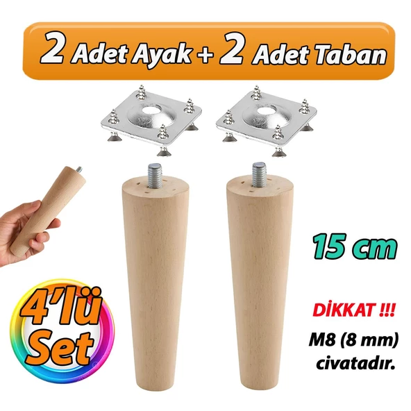 2 Adet Ahşap Ayak 15 Cm M8 Civatalı Bağlantı Aparatlı Dolap Mobilya Koltuk Kanepe Destek Ayağı Ayakları ürün görseli 1