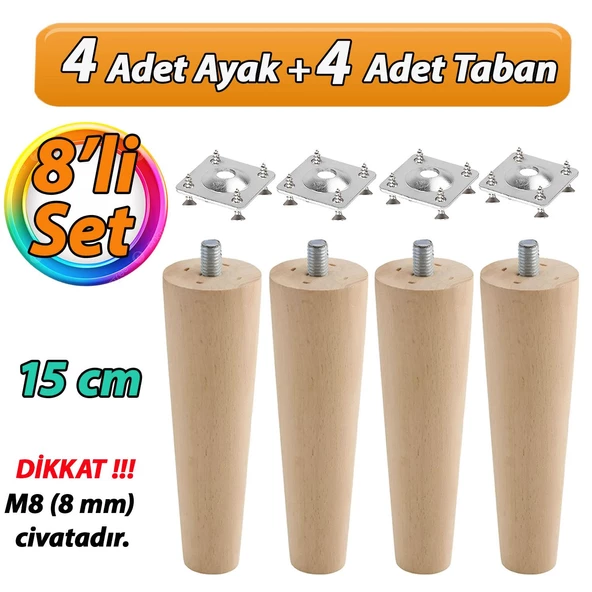 Ahşap Ayak 15 Cm 8'li Set M8 Civatalı Bağlantı Aparatlı Dolap Mobilya Koltuk Kanepe Destek Ayağı Ayakları ürün görseli 1