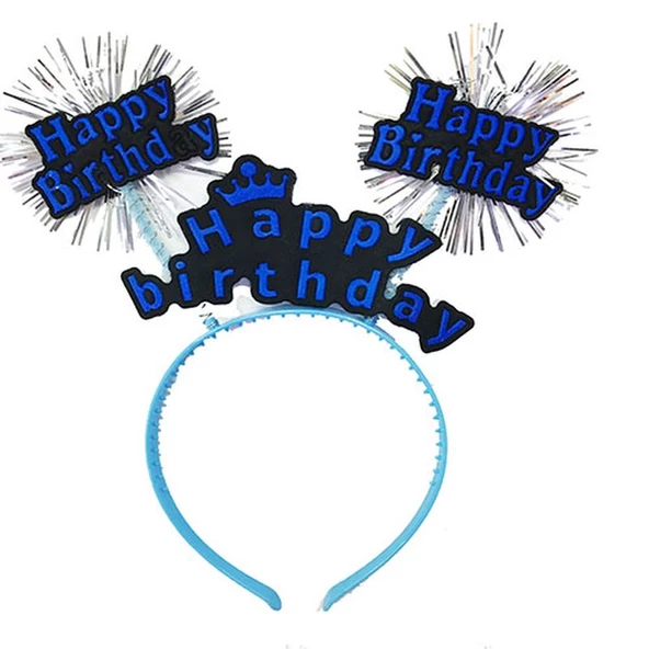 Happy Birthday Yazılı Püsküllü Neon Mavi Renk Doğum Günü Tacı 22x19 cm ürün görseli 1